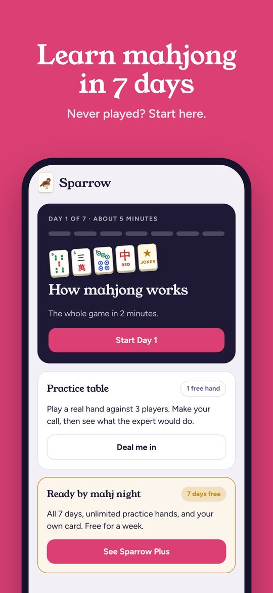 Sparrow home screen showing day 1 of 7